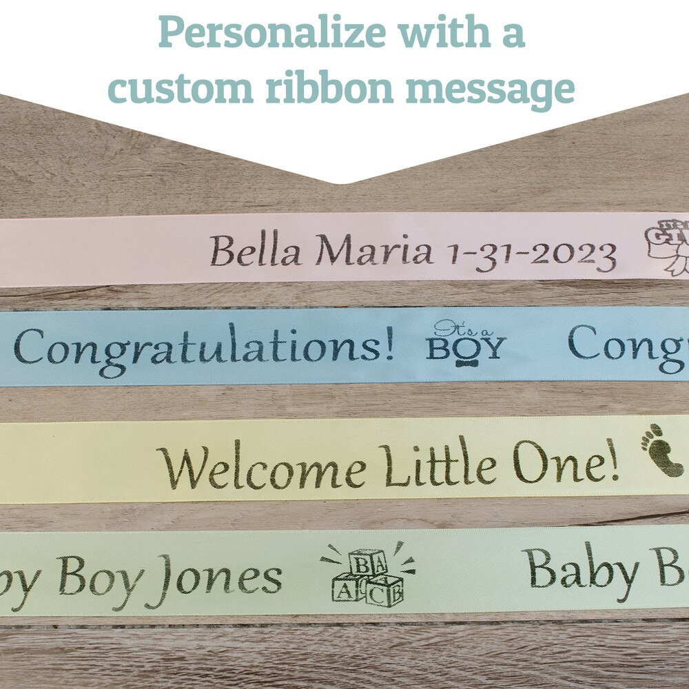 ribbon with customized wording in the shades brown, blue, green, and purple